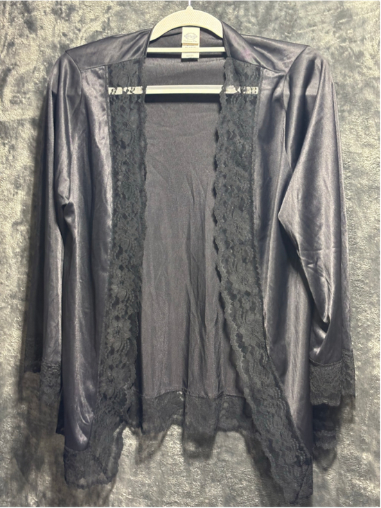 Undercover Sweaters - Vintage Undercover Wear Black Lace Trim Open Front Cardigan Robe XL EUC Whimsigo